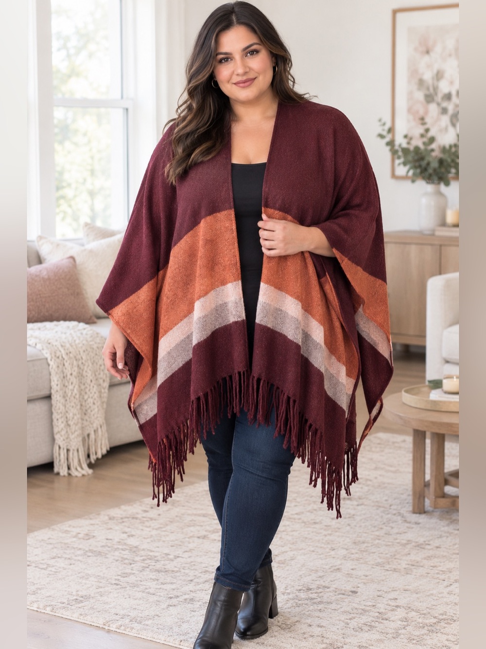 UNIQLO Colour Block Fringe Wrap in Fall Colours